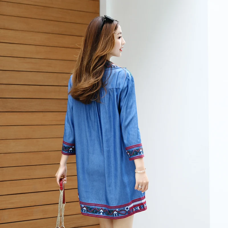 Летние свободные женские платья с круглым вырезом из джинсовой ткани 2018 тонкое