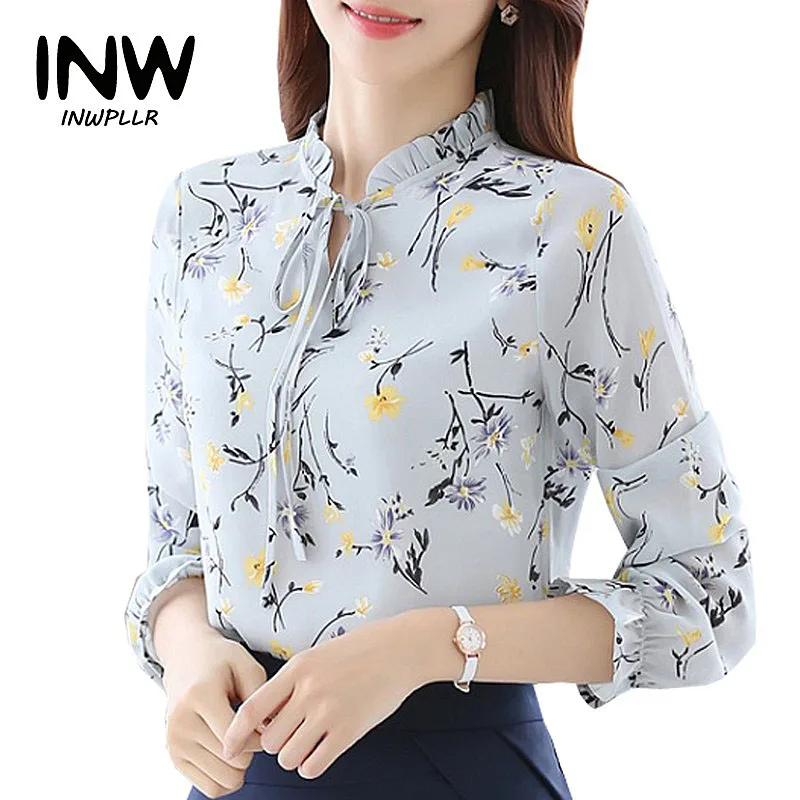 Blusas Femininas Модные Цветочные Топы и блузки Mujer осенние женские рубашки с длинным рукавом шифоновые женские блузки с принтом - Цвет: Light Gray