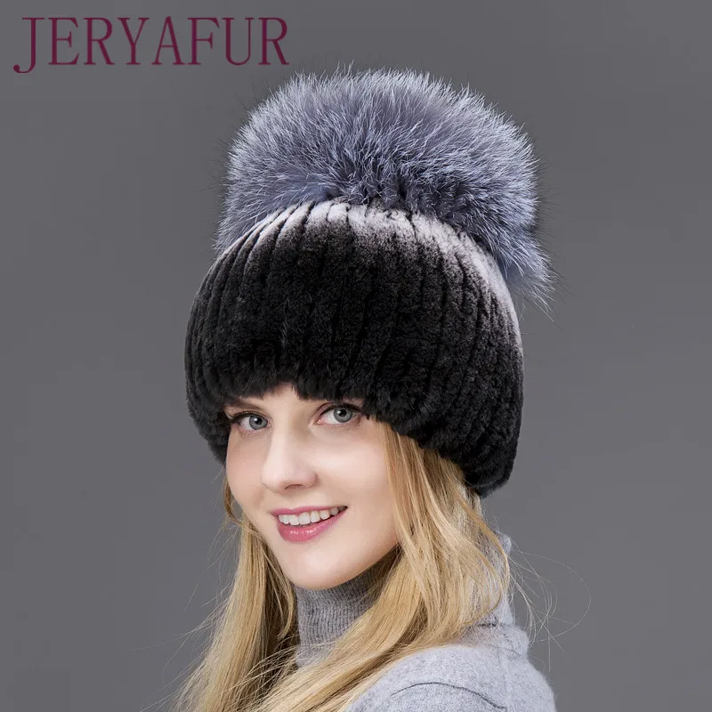Горячая распродажа Мода Открытый Зимние теплые женские шапки Кролик Fur Вертикальная ткацкая шляпа с мехом Fox на вершине и мехом кролика Down
