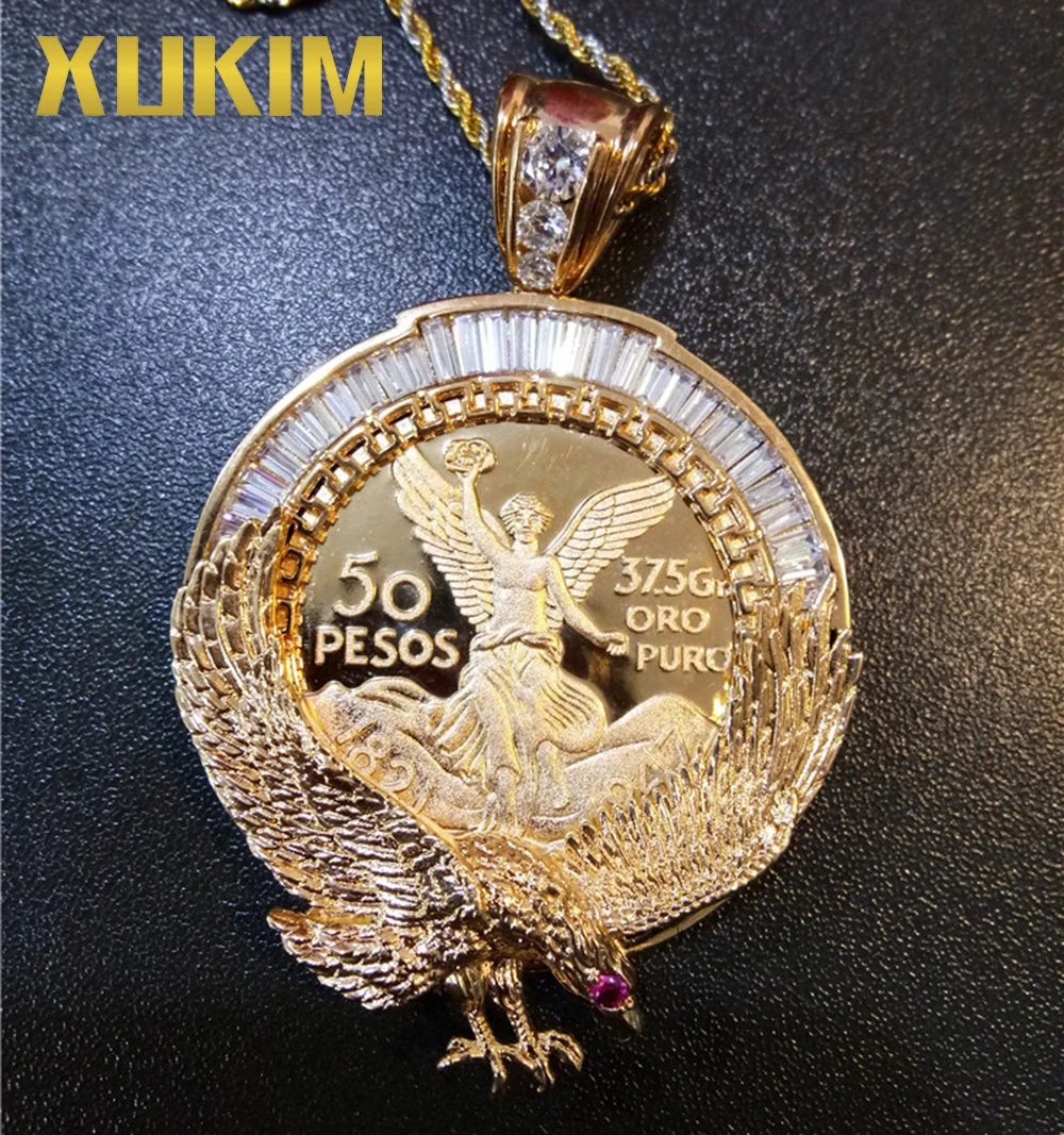 Xukim ювелирные изделия на заказ кулон крылья орла кубический цирконий золото Мексиканская монета кулон ожерелье