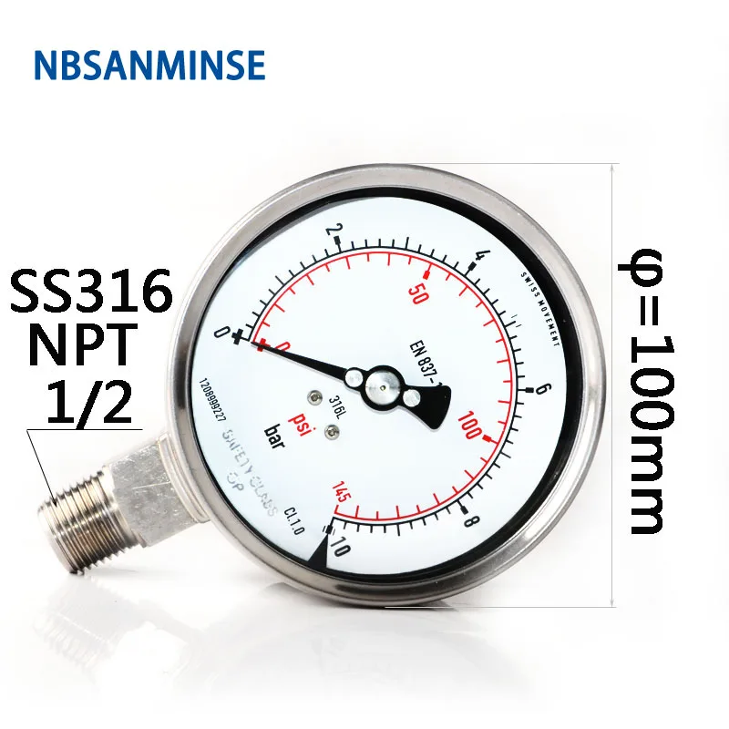 NBSANMINSE манометр из нержавеющей стали SMSS100L 100 мм 4 дюйма 1/2 NPT аналоговый Дисплей манометр для масла для гидравлической системы
