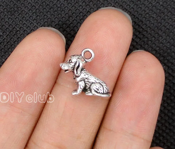 50pcs Dog Подвески античное серебро 3D сидя Собака Шарм Кулон 13x10x7мм|dog charm pendants|charm