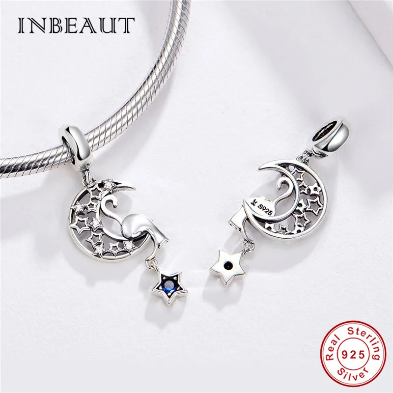 INBEAUT 100% настоящий 925 пробы Серебряный Синий Циркон Звезда Луна сонный Кот амулеты