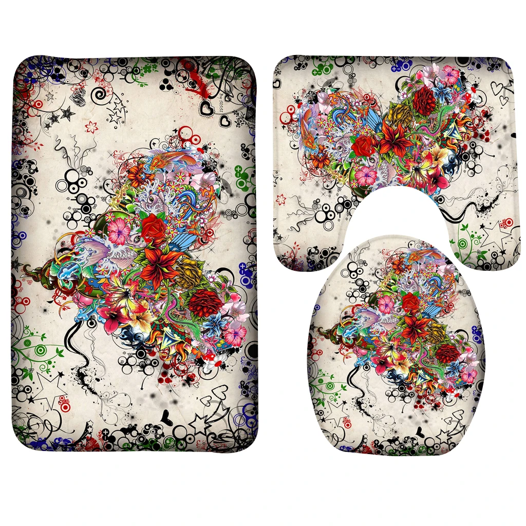3pcs Bathroom Mat Set Happy Valentines Day Flower Heart Pattern Bath Non Slip Shower and Toilet Sets | Дом и сад
