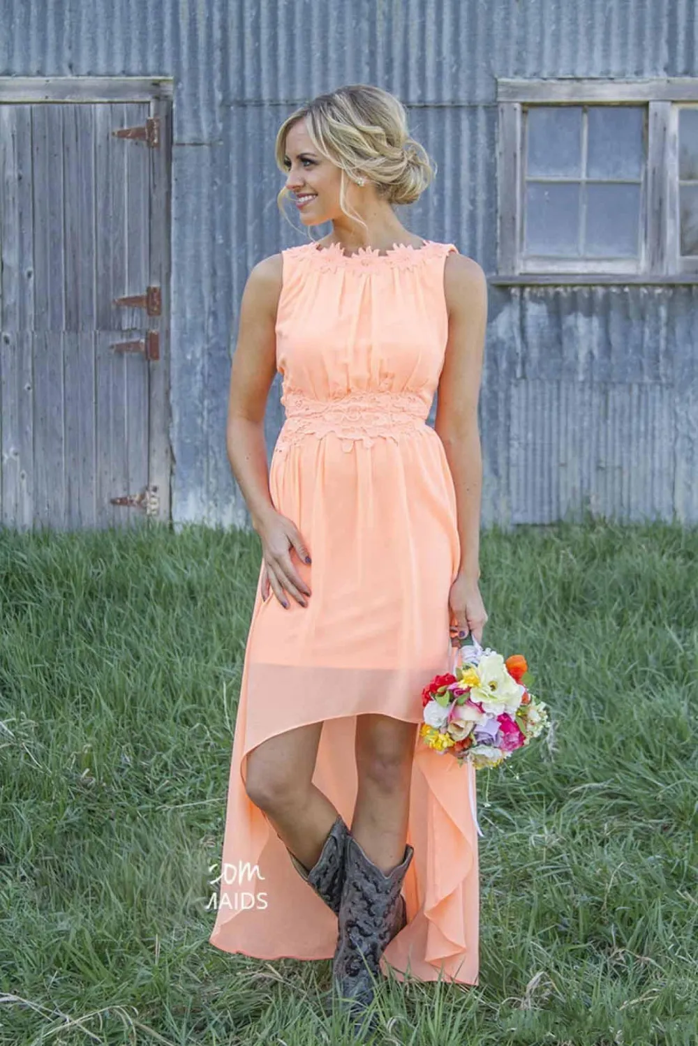Страна Коралловые Цветные Платья Невесты Шифон Спинки Высокий Низкий Maid of Honor