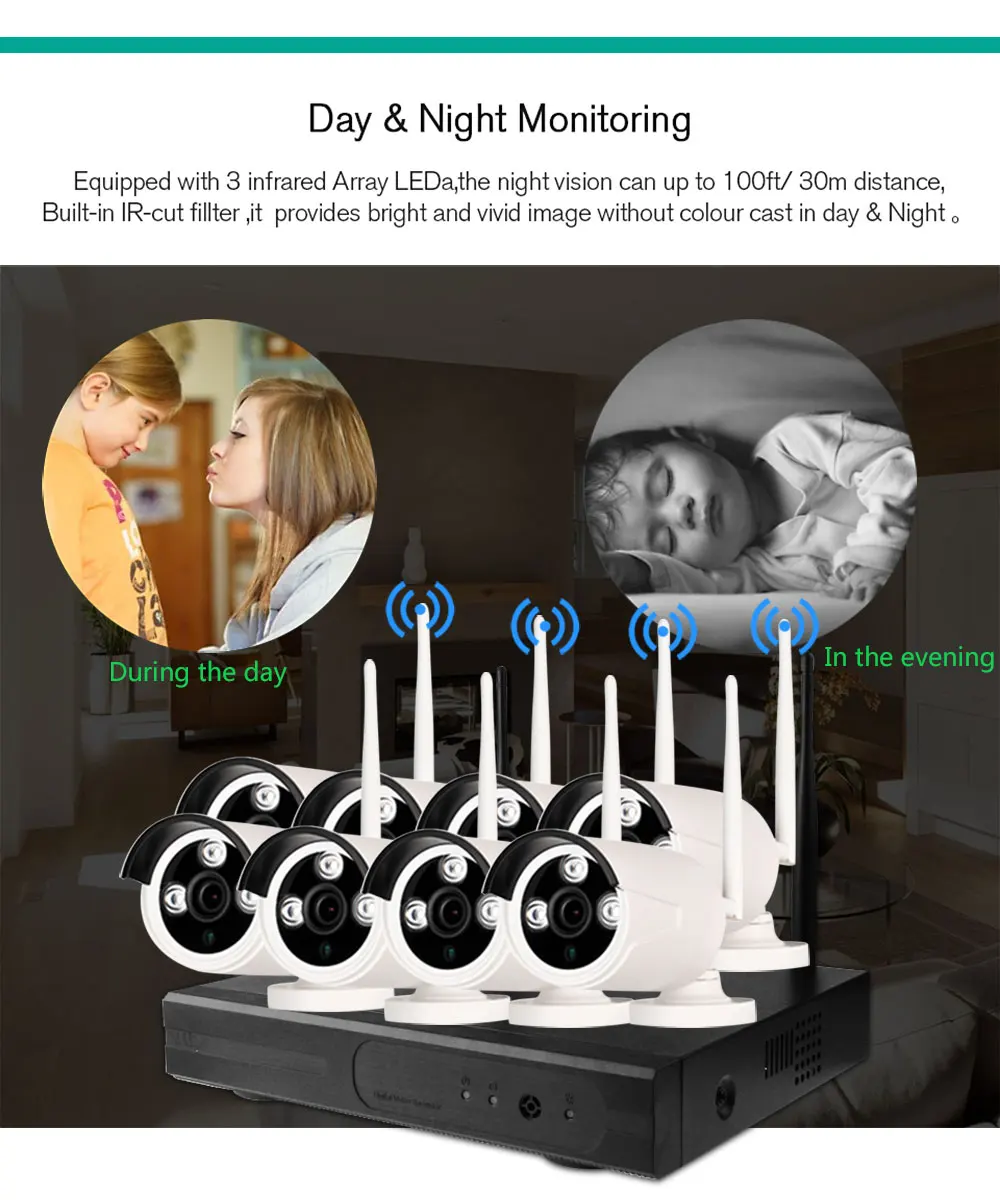 8CH 1080P NVR аудио комплект видеонаблюдения Plug and Play 8 шт. 2MP HD беспроводная водонепроницаемая система ночного видения безопасности CCTV