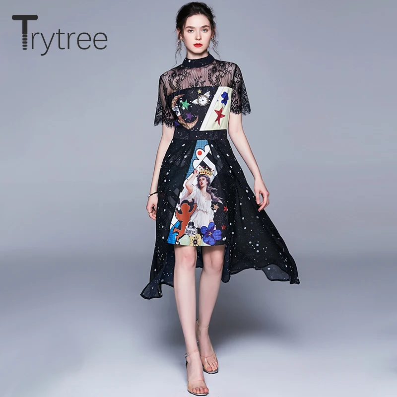 Trytree летнее осеннее платье для женщин со стоячим воротником кружевное лоскутное платье из полиэстера с принтом ТРАПЕЦИЕВИДНОЕ повседневное элегантное платье до середины икры