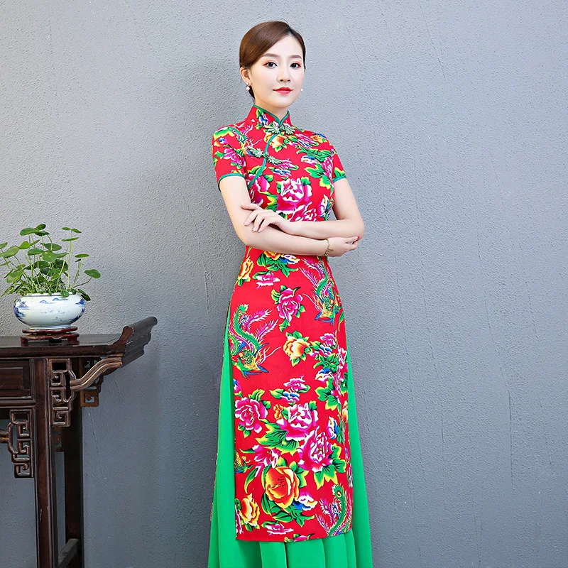 Восточное винтажное Стильное женское платье до щиколотки Qipao размера плюс 3XL 4XL 5XL для сцены Cheongsam с цветочным принтом китайское платье