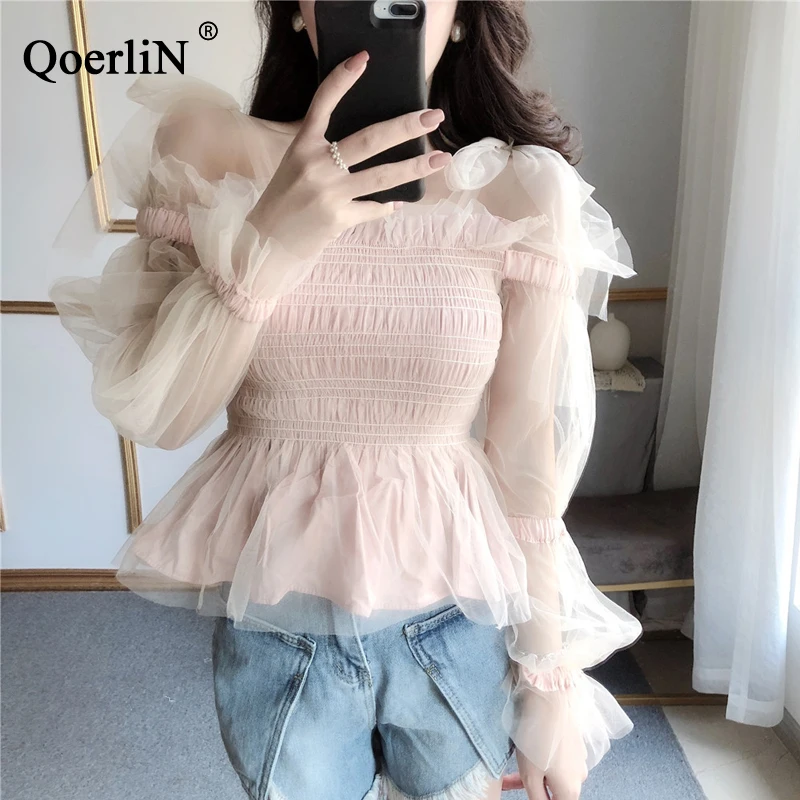 QoerliN Корейская одежда Женская белая блузка модная сексуальная с открытыми