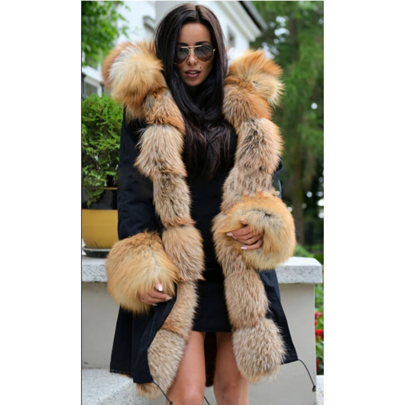 Tatyana Furclub Real Fur Parkas For Women Winter Outwear With Natural Fox Fur Collar Black Fur Jacket 80CM Long Coats Trendy