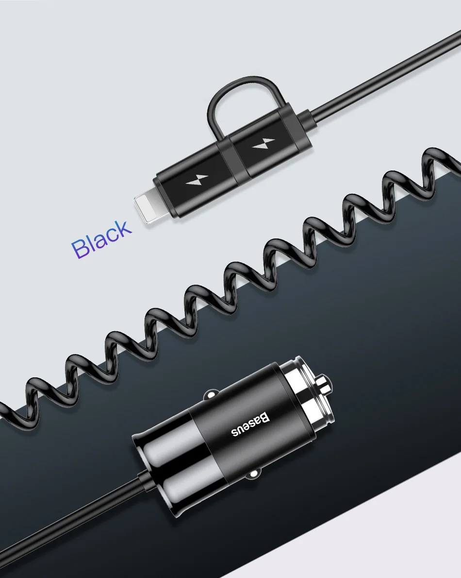Baseus 2 в 1 USB C автомобильное зарядное устройство usb type C пружинный кабель USB C кабель зарядное устройство для телефона адаптер для iPhone X 8 samsung USB Автомобильное зарядное устройство