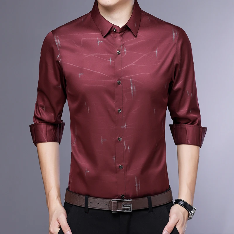 MIACAWOR New Shirt Men Business Casual Print Long Sleeve Camisa Masculina Slim Fit Dress Shirts Clothing C488 | Мужская одежда