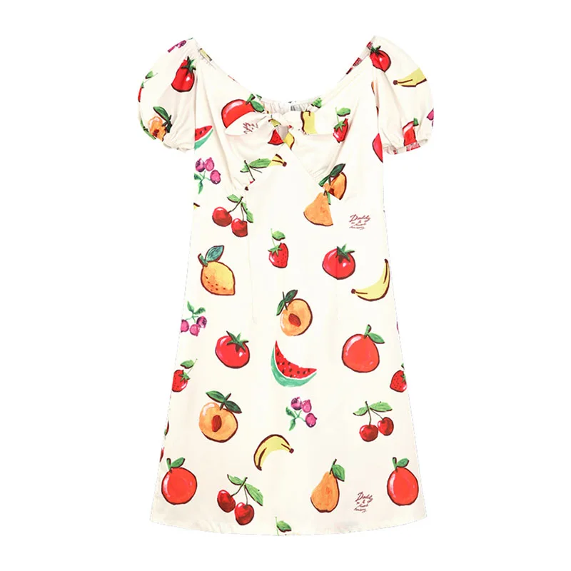 

PERHAPS U Women White Fruit Print Puff Sleeve Mini Dress Sweet Summer D1086