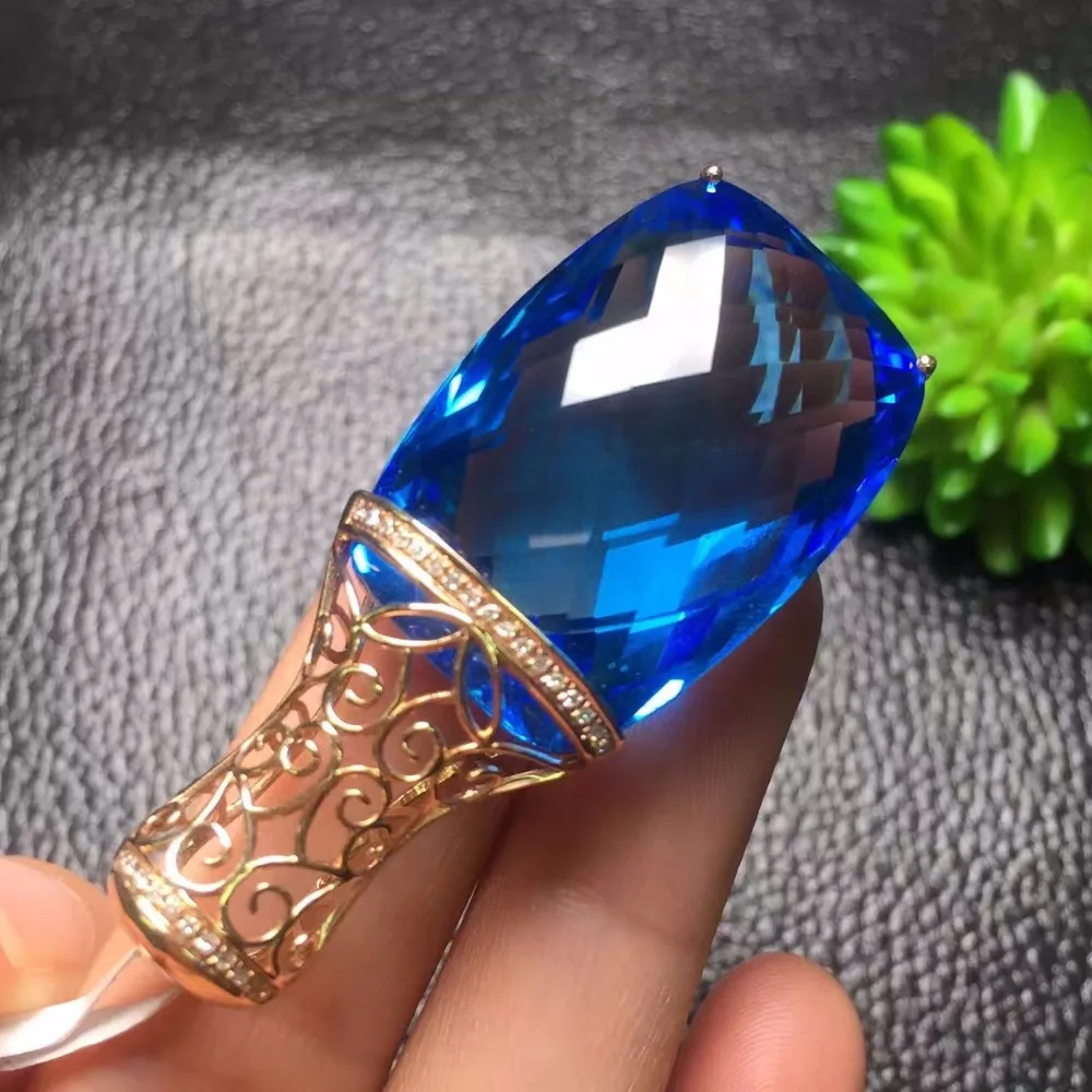 Fine Jewelry Collection Real 18K Rose Gold Natural Blue Topaz Gemstone Pendant Necklace For Women Pendants | Украшения и