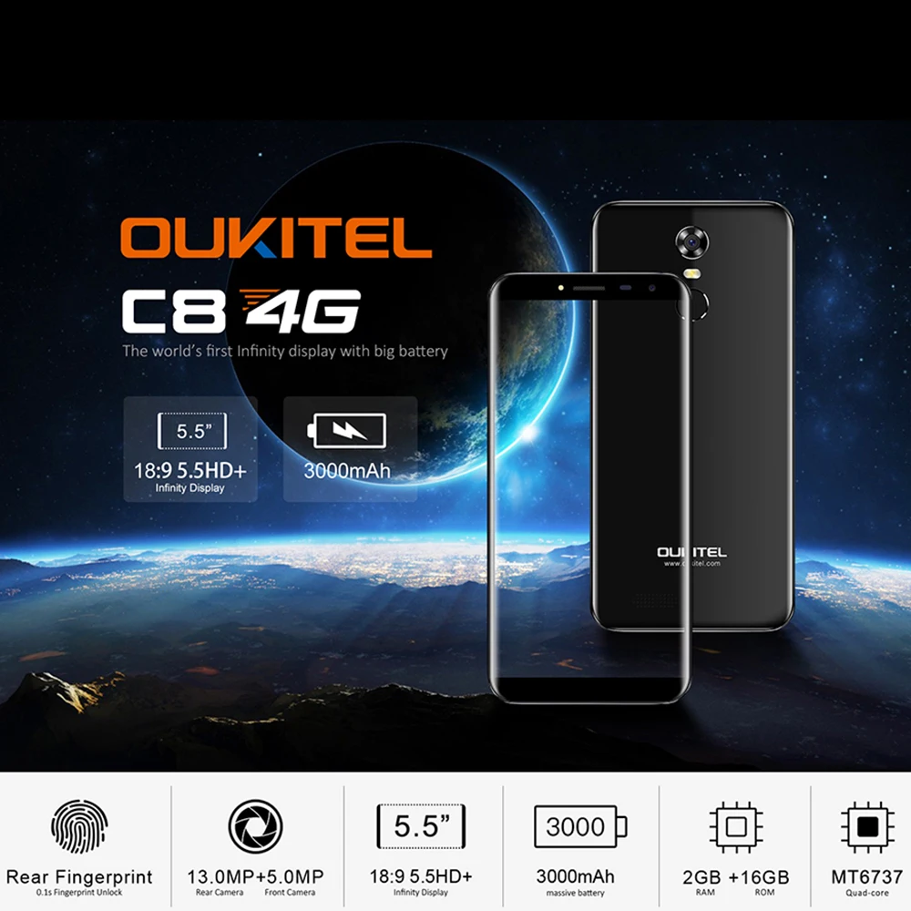 Смартфон OUKITEL C8 4G Android 7 0 5 дюймов MTK6737 четырехъядерный 2 Гб ОЗУ 16 ПЗУ сенсорный