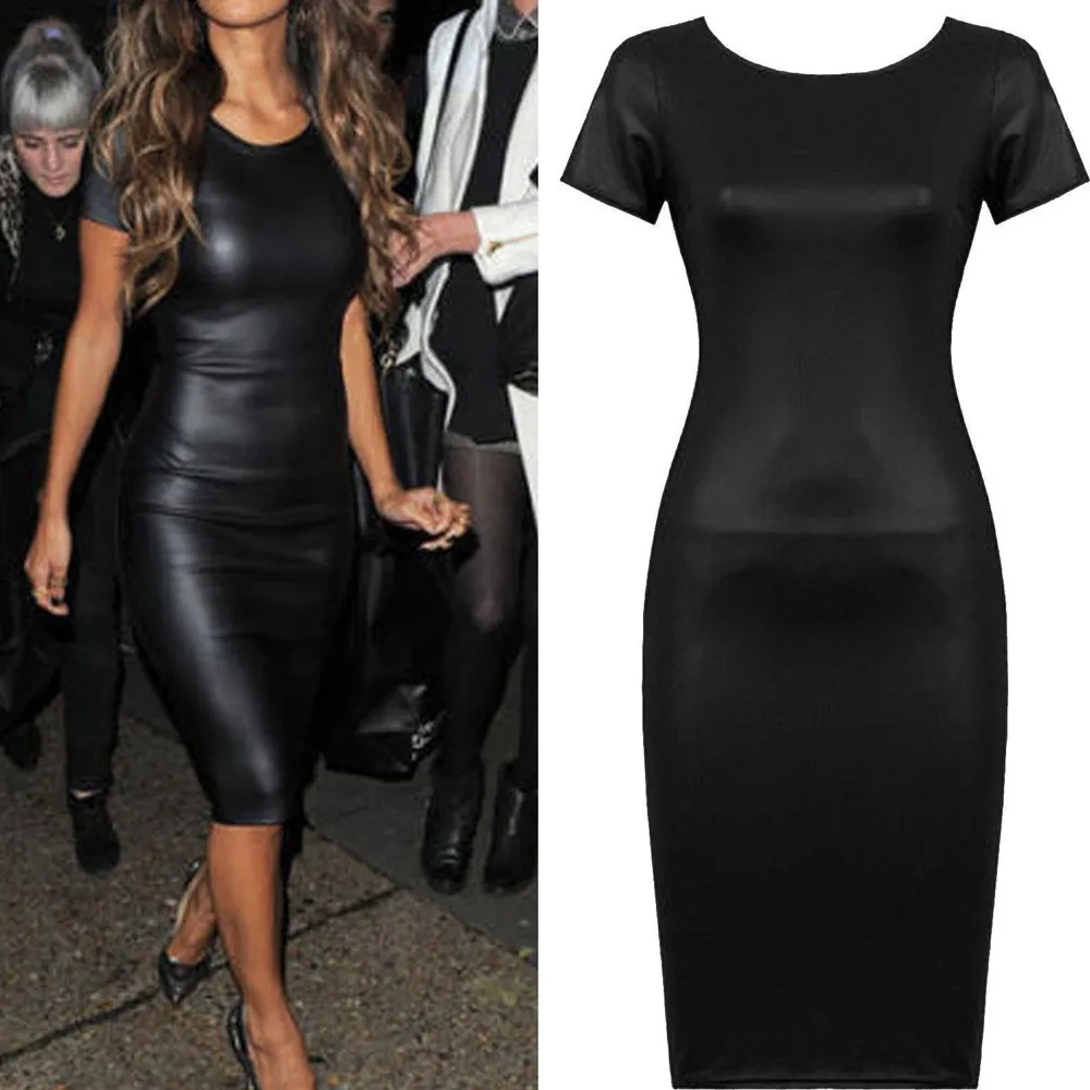 Women Short Sleeve Wet Look Leather Bodycon Midi Sheath Sexy Skinny Dress 2019 New Fashion O-neck Slim Dresses For Ladies Hot | Женская