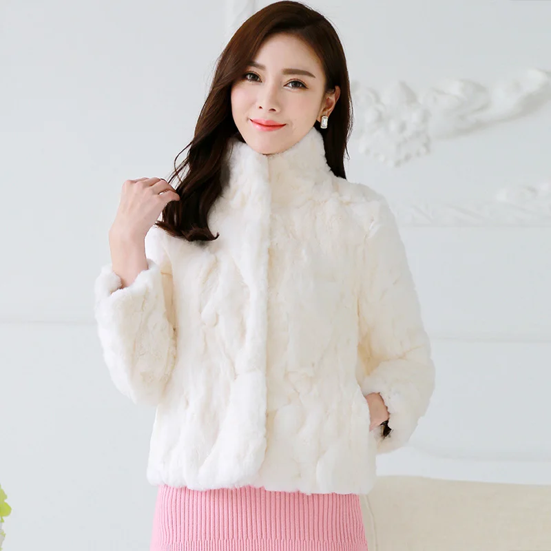 

New Arrival Natural Rex Rabbit Fur Jackets Women Stand Collar Short Design Real Fur Coats Outerwear Female Fur Leather Jacket