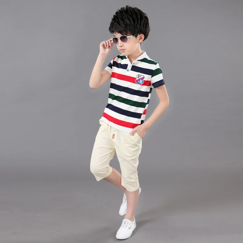 Size 4 6 8 10 12 14 Years 2019 Summer Boys Cotton Clothing Sets Kids big Striped T-shirt + Pants 2 Pieces Tracksuit ForBoys | Детская