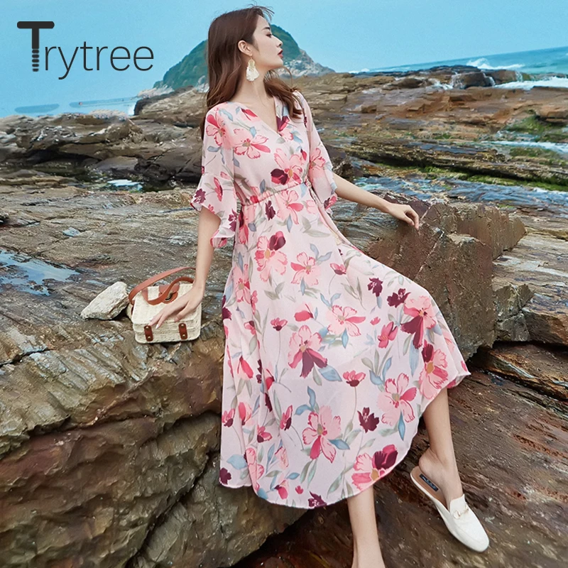 Trytree/2019 летнее осеннее Повседневное платье с принтом полиэстер рукав бабочка