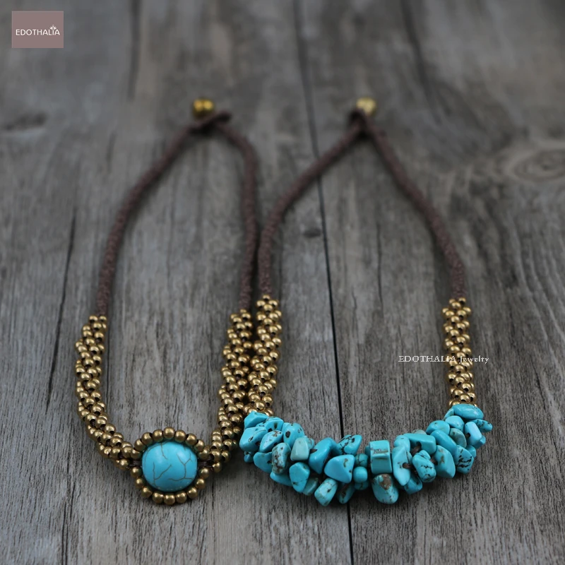 EDOTHALIA Vintage Style Brass Bell Beads Necklaces For Women Chip Blue Stone/ One Big Stone Pendants Maxi necklace Reloj Mujer | Украшения