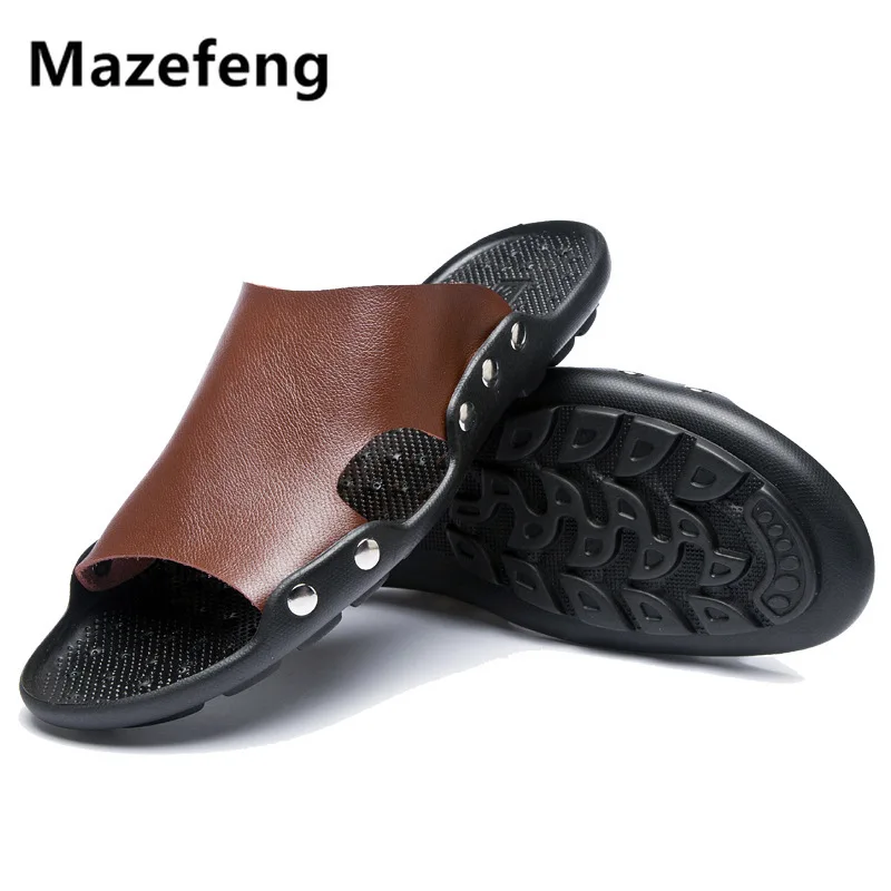 Mazefeng Summer Genuine Leather Slippers High Quality Men Sandals Rivet Beach Mens Slippers Platform Male Sandals Rubber Shoes