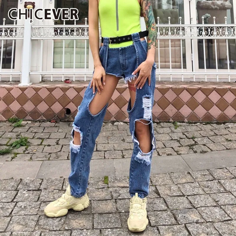 CHICEVER сексуальные женские джинсы с дырками Женская высокая талия поясом неровные