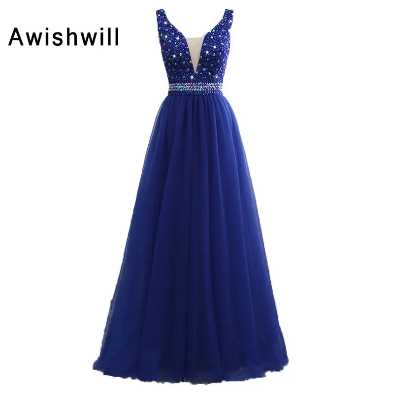 

Sexy V Neck Long Prom Dresses 2020 New Tulle Beadings Sleeveless Open Back Royal Blue Fashion Evening Dress Vestido De Festa