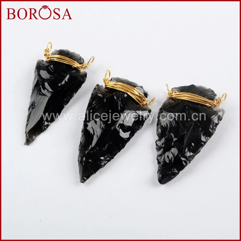 BOROSA 10/20 шт. новый золотой провод обернутый черный обсидиан наконечник стрелы