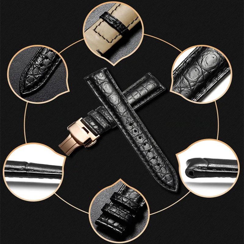 High-end Crocodile Alligator Leather Watch Band Strap Replacement Deployment Double-Push Buckle for Luxury Watches 20 22 24mm