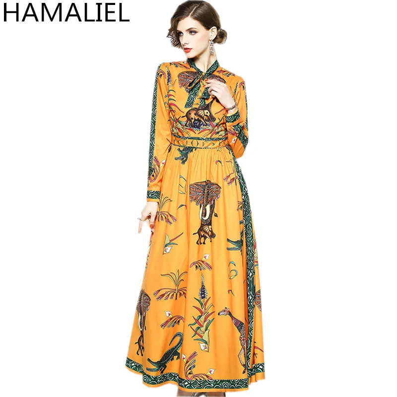 Женское длинное платье макси HAMALIEL желтое с длинными рукавами и животным принтом