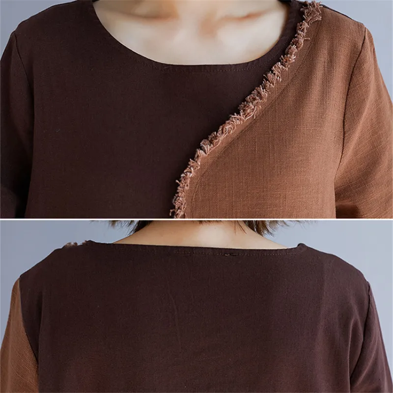 Large size Women Dress 2019 Spring New Fashion long sleeve Tops Summer Loose splice Art Fat MM Cotton linen Dresses TTT058 | Женская