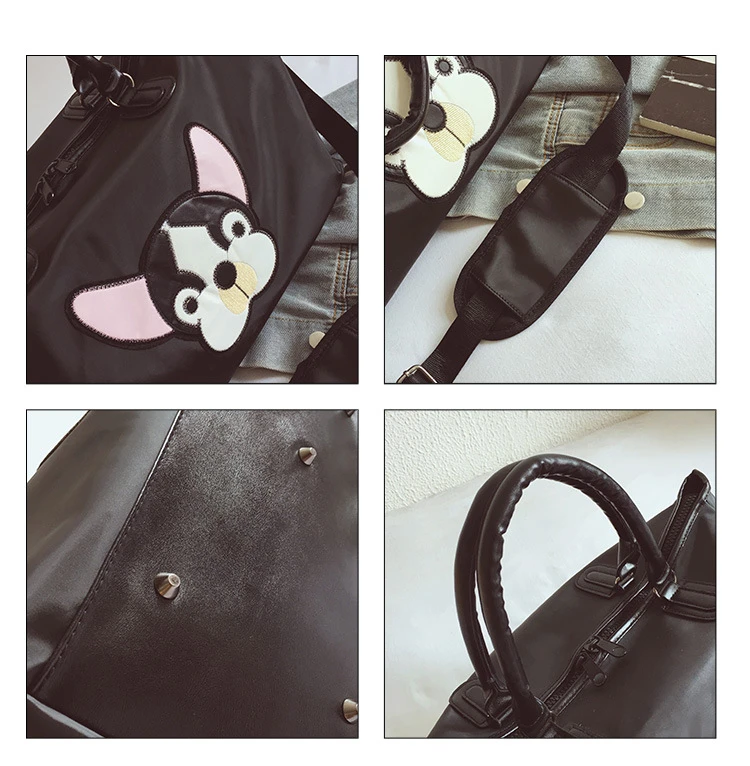 Fashion Casual PU Leather Travel Bags Black Couple Cartoon Dog Embroidery Overnight Weekend Bag Short Trip GYM Big Hand Luggage