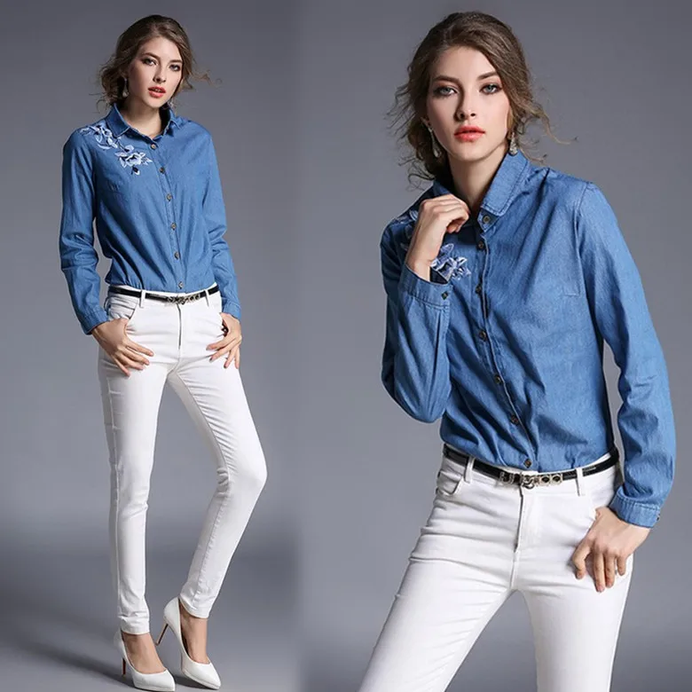 LARCI 2018 новый бренд топ джинсы рубашки джинсовые Blusa Джинсовая блузка с длинным