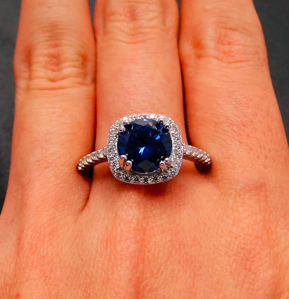 

Round Blue crystal Silver rings 8X8MM Cubic zirconia charming Woman Rings Wedding Jewelry Ring Band Fine Jewelry Accessories