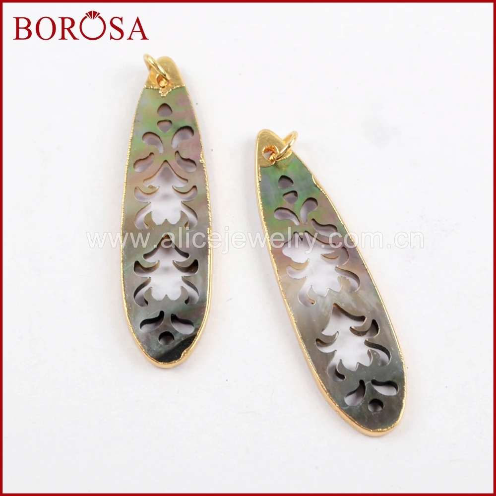 

BOROSA Jewelry 10PCS Gold Color Long Teardrop Rainbow Shell Carved Charm Gems Shell Jewelry for Necklace/earrings Making G1599