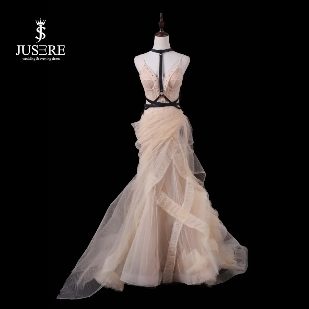 

Jusere 2019 Real Photos Champagne Illusion Tulle Prom Gowns Chic Design Criss-Cross Party Dress vestidos de fiesta de noch