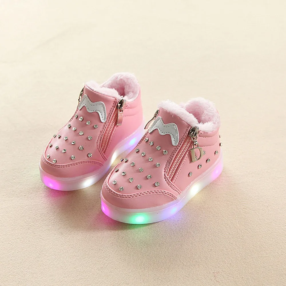 Children Baby Girls Zip Crystal Led Light Luminous Running Sport Sneaker Shoes | Детская одежда и обувь
