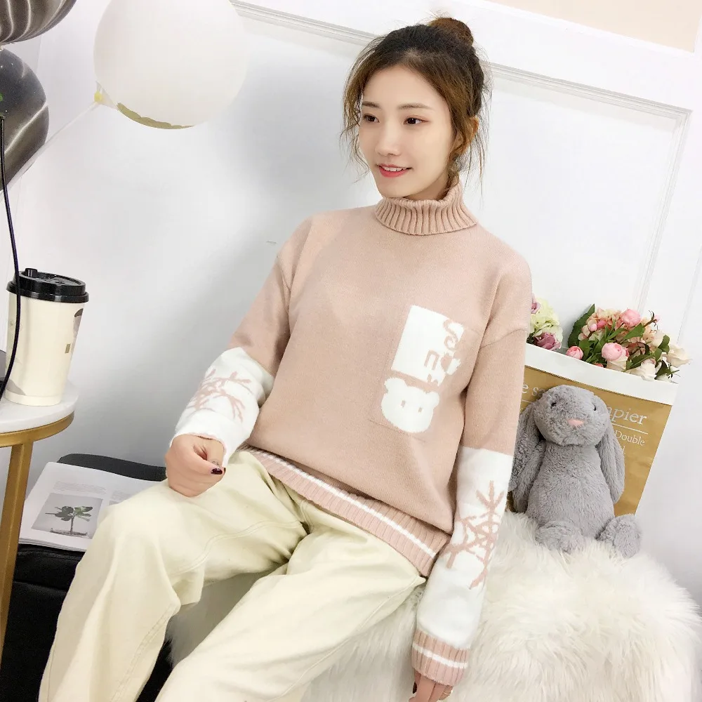 New Korean version love high-collar net red Snowflake Sweater ladies lazy wind Pullover loose and thick couple winter dress | Женская
