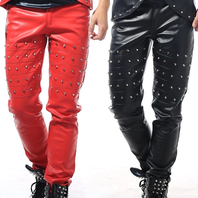 New fashion Nightclub Male singer dance Rivets Leather pants  Punk style Mens trousers DS DJ costume pants