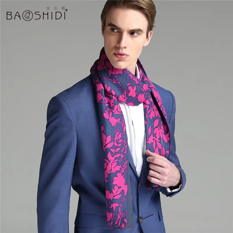 Мужской двухсторонний шарф BAOSHIDI из шелковой шерсти с принтом 100% саржевого шелка