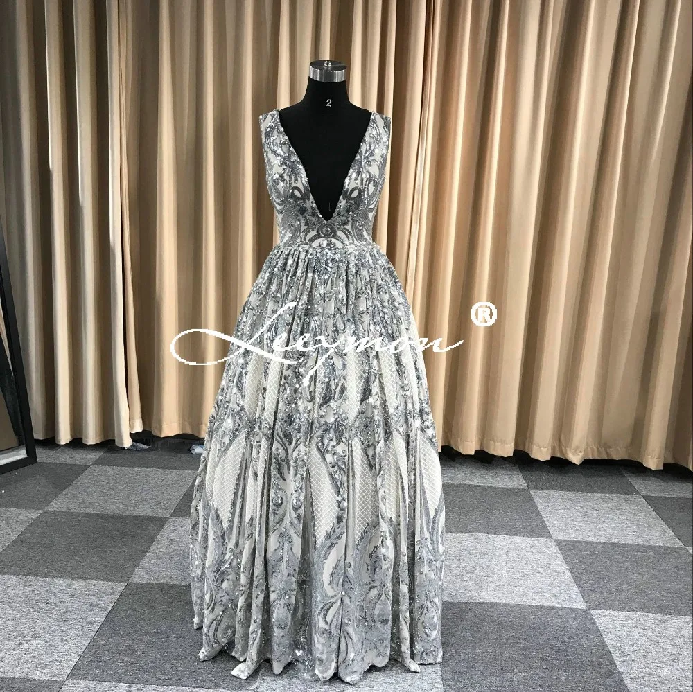 Leeymon2020   Free Shipping V-Neck Prom Dresses Sequins Lace Evening Party Dress A-Line Vestido De Festa Cheap Long Prom Dress