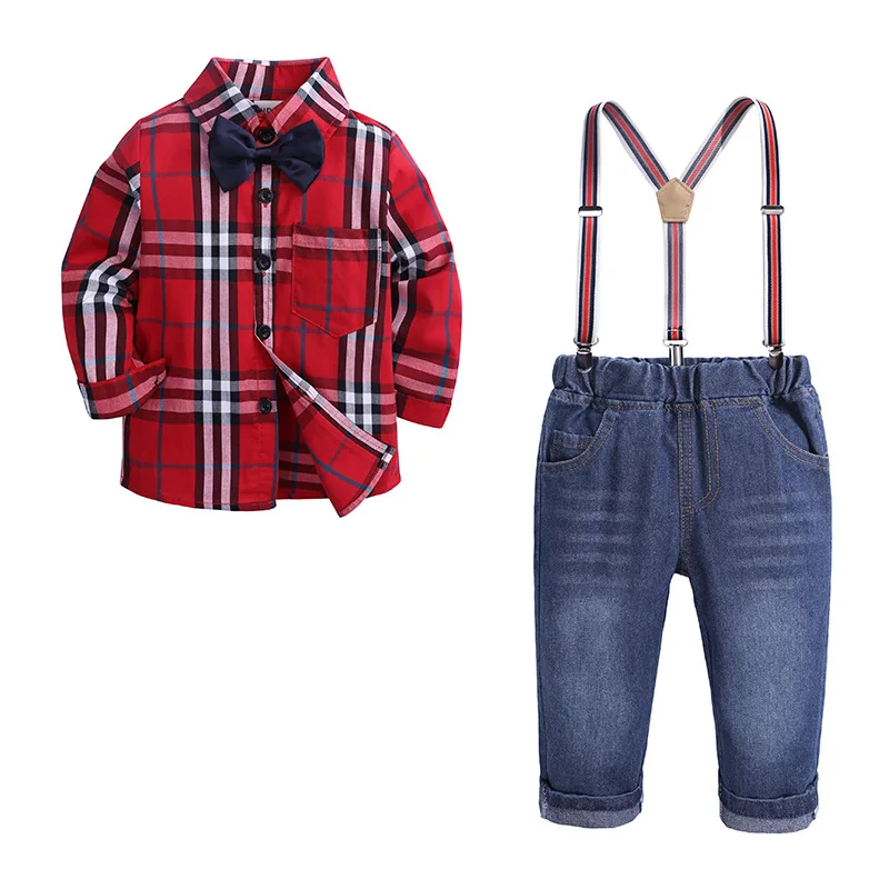 2PCS Kids Boys Clothes Sets 2019 Spring Plaid Blue Pink Shirt+Suspender Jeans Pant Children Gentleman Bow Tie Boy Outfit | Детская
