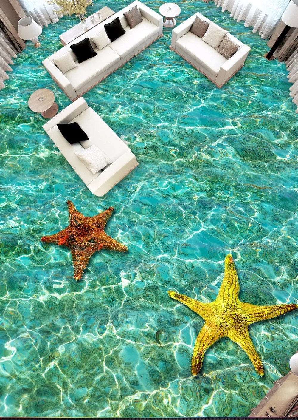

Free Shipping Ripple Starfish Bathroom Living Room 3D Floor Tile wear non-slip waterproof flooring bedroom wallpaper mural