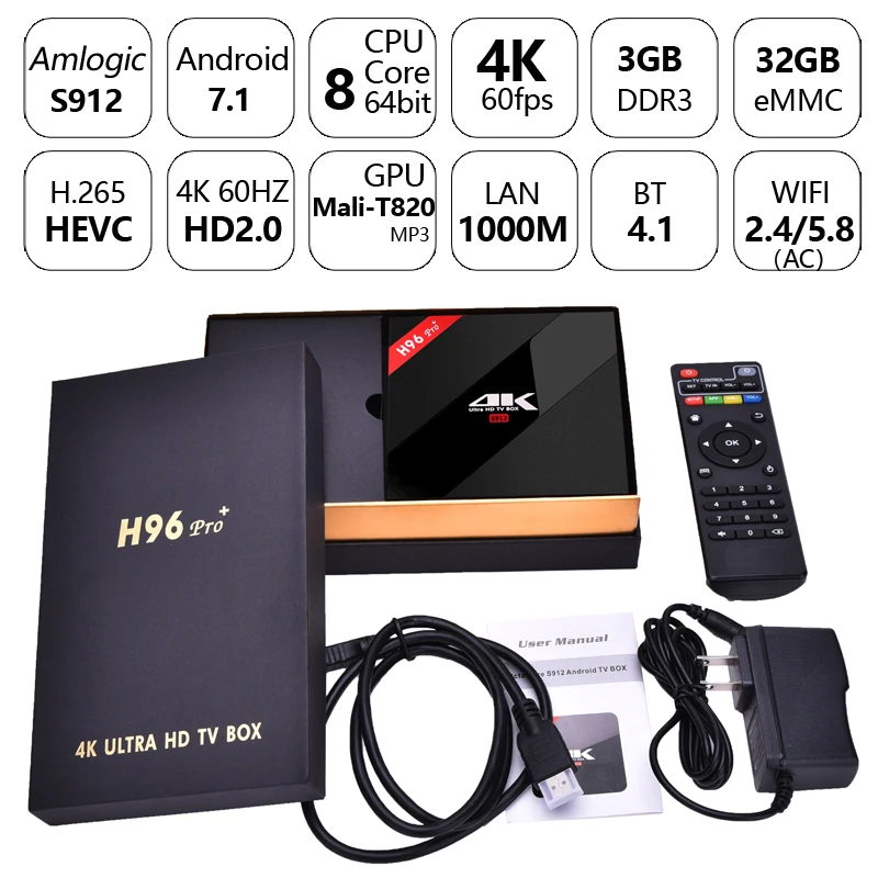 Android TV Box H96 Pro Plus 7 1 3 Гб/32 ГБ телеприставка Smart Amlogic S912 Восьмиядерный 4 K медиаплеер 2