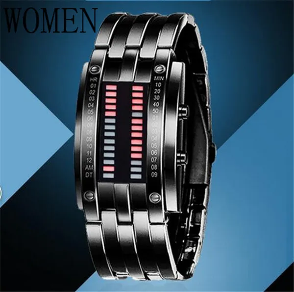 women black red Креативные цифровые часы полностью стальные Бинарные наручные часы для женщин светодиодный электронные спортивные часы водонепроницаемые мужские часы relojes - Цвет: women black red
