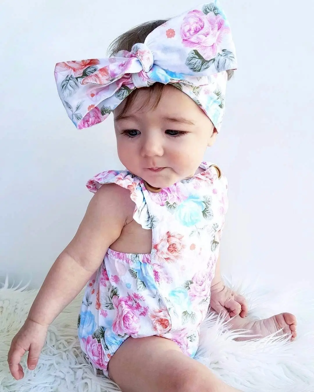 Toddler Infantil Newborn Baby Girls Floral Romper Fashion Jumpsuit Summer Headband 2PCS Sunsuit Outfit Set | Мать и ребенок
