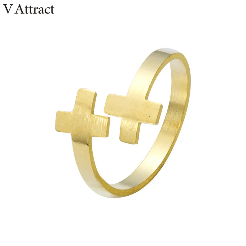 V Attract Handcrafted Baptism Jewellery Ring Gold Color Stainless Steel Adjustable Dpuble Cross Bague For Women|rings for women|cross ringring |