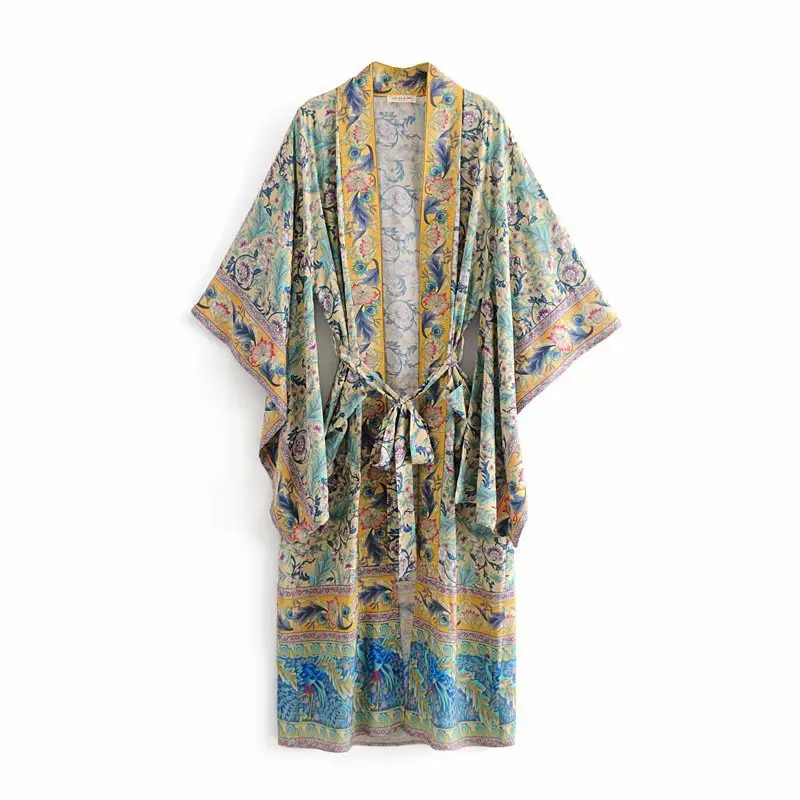 2019 New Women Bohemian V neck Pteris Flower Print Kimono Shirt Holiday Beach Bow tie Sashes Maxi Long Cardigan Blouse Tops