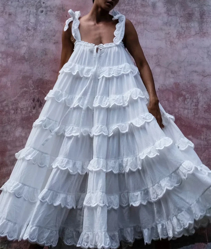 2019 Women's Ruffles Long Dress Solid Color Pure Cotton Cake Loose Pendulum Vacation Pleated Summer Strapless | Женская одежда