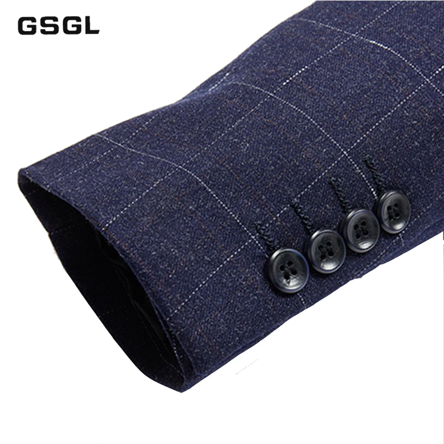 New Mens 3 Piece Slim fit Plaid Checked Suit Blue Single Breasted Vintage Suits Separate (Blazer, Pant, and Vest)